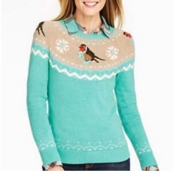 Talbots aqua Fair Isle bird print pullover lambswool blend sweater MP - Picture 1 of 9